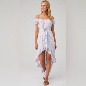 Tiare Hawaii Off-Shoulder High-Low Tie-Dye Dress in Blue & Pink